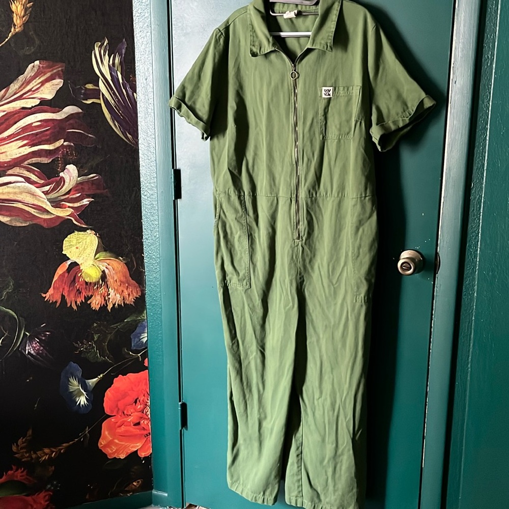 Lucy & Yak Green Rex Style Jumpsuit Zipper Front Short Sleeve Size 18 US